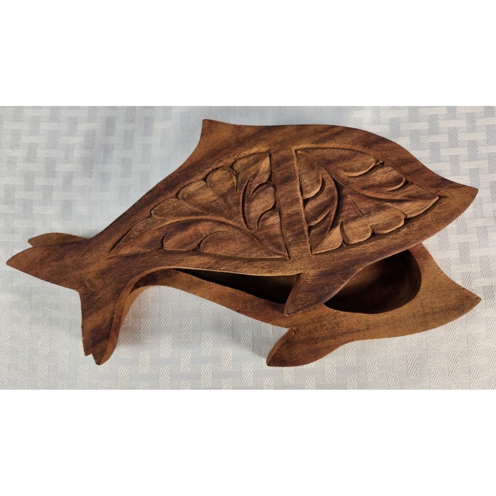 Vtg Wooden Fish Shaped Trinket Box Secret Storage Carved Wood Decor